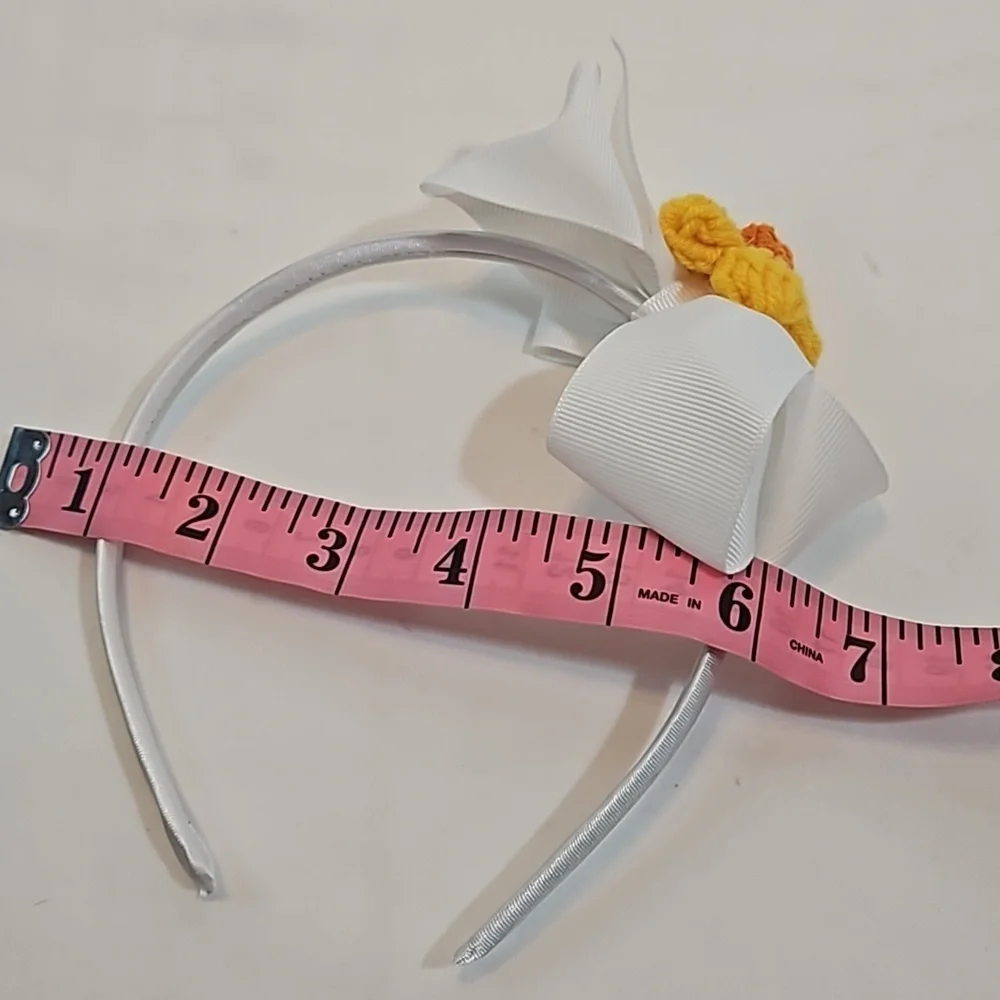 Hand Crafted White Bow Hairband Hand Knit Crochet Yellow Puffy Flower Coquette